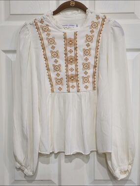 Rebecca Minkoff White Blouse with Gold Floral Embroidery